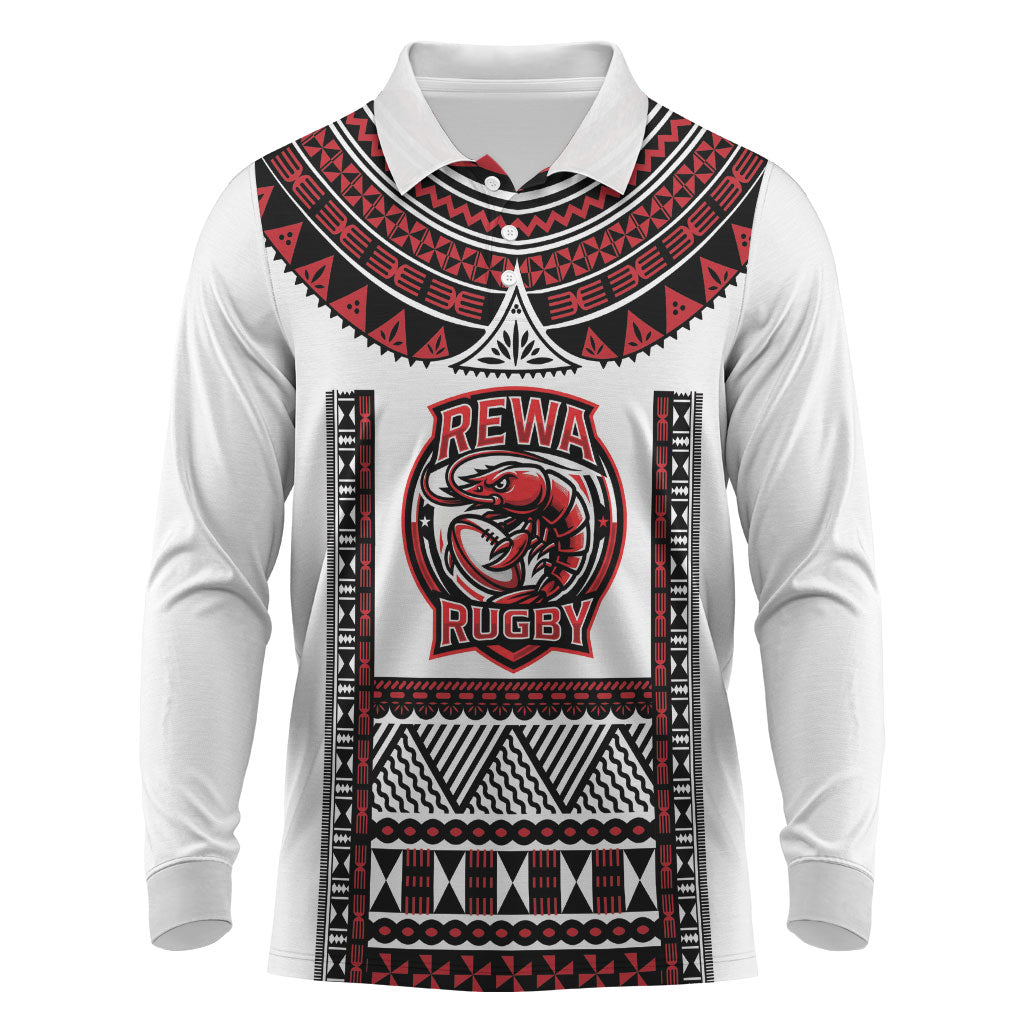 Fiji Rewa Rugby Custom Long Sleeve Polo Shirt Go Champions Fijian Tapa Pattern LT14 White - Polynesian Pride