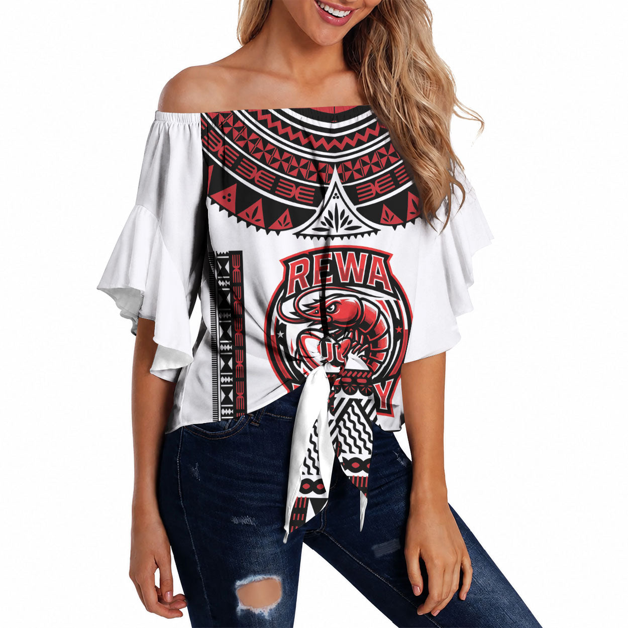 Fiji Rewa Rugby Custom Off Shoulder Wrap Waist Top Go Champions Fijian Tapa Pattern LT14 White - Polynesian Pride
