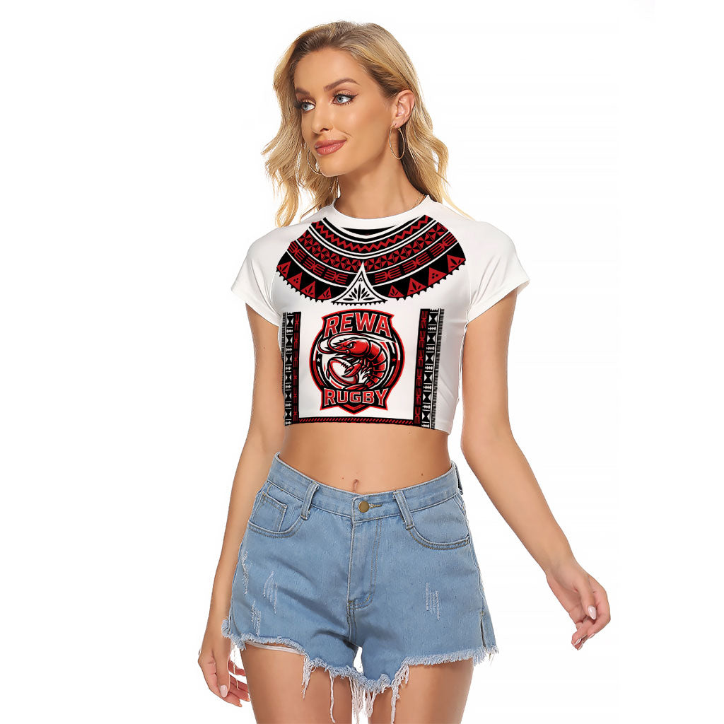 Fiji Rewa Rugby Custom Raglan Cropped T Shirt Go Champions Fijian Tapa Pattern LT14 Female White - Polynesian Pride