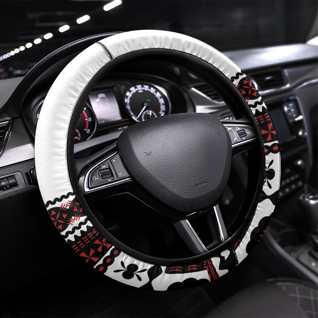 Fiji Rewa Rugby Steering Wheel Cover Go Champions Fijian Tapa Pattern LT14 Universal Fit White - Polynesian Pride