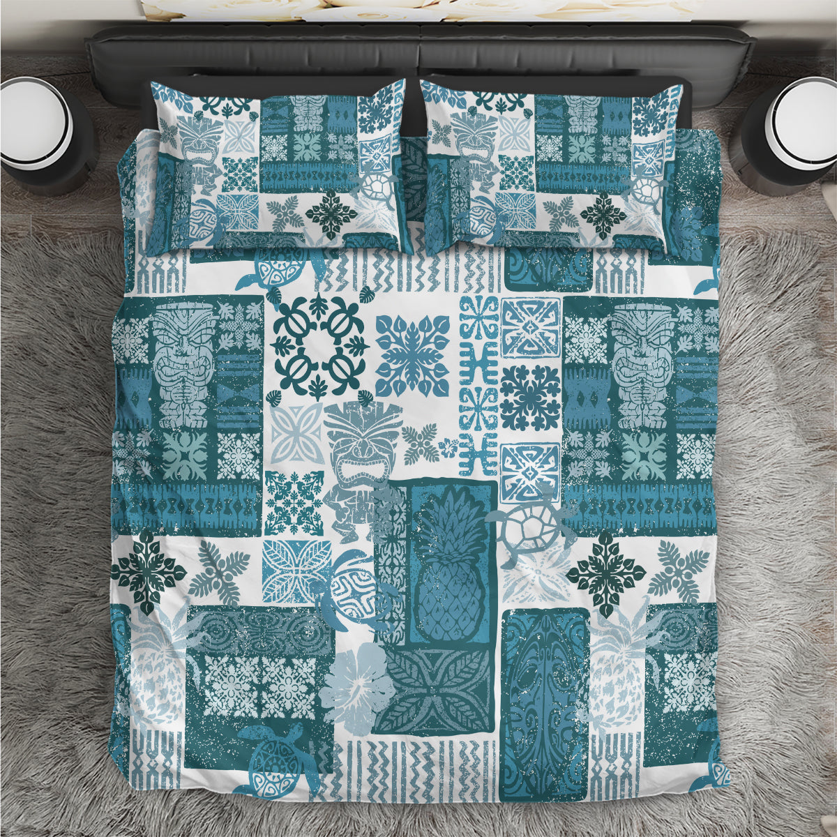 Hawaiian Quilt Bedding Set Tiki Tropical Retro Dark Cyan Version LT14 Dark Cyan - Polynesian Pride