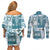 Hawaiian Quilt Couples Matching Off Shoulder Short Dress and Long Sleeve Button Shirt Tiki Tropical Retro Dark Cyan Version LT14 - Polynesian Pride