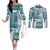 Hawaiian Quilt Couples Matching Off The Shoulder Long Sleeve Dress and Long Sleeve Button Shirt Tiki Tropical Retro Dark Cyan Version LT14 Dark Cyan - Polynesian Pride