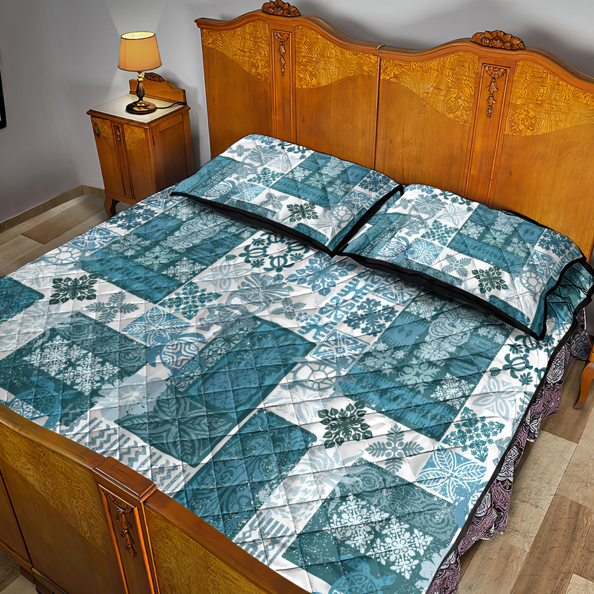 Hawaiian Quilt Quilt Bed Set Tiki Tropical Retro Dark Cyan Version LT14 - Polynesian Pride