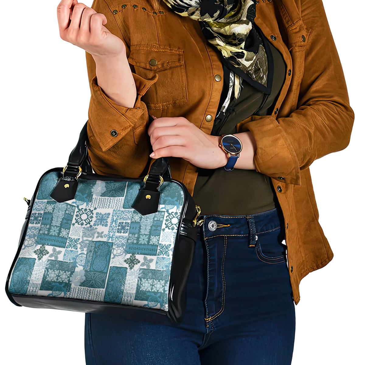 Hawaiian Quilt Shoulder Handbag Tiki Tropical Retro Dark Cyan Version LT14 - Polynesian Pride