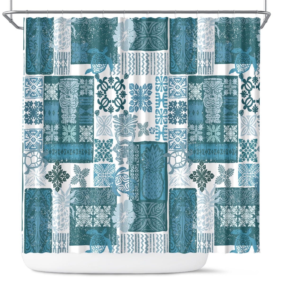 Hawaiian Quilt Shower Curtain Tiki Tropical Retro Dark Cyan Version LT14 Dark Cyan - Polynesian Pride