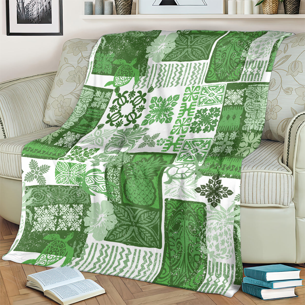 Hawaiian Quilt Blanket Tiki Tropical Retro Green Version LT14 - Polynesian Pride