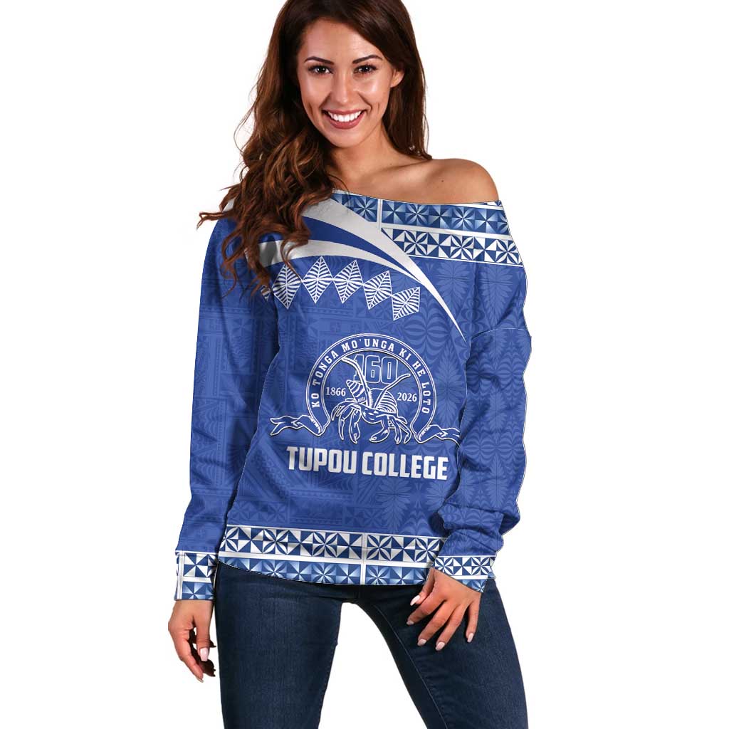 Personalised Tonga Tupou College Toloa Off Shoulder Sweater 160 Years Anniversary Tongan Ngatu Pattern LT14 Women Blue - Polynesian Pride