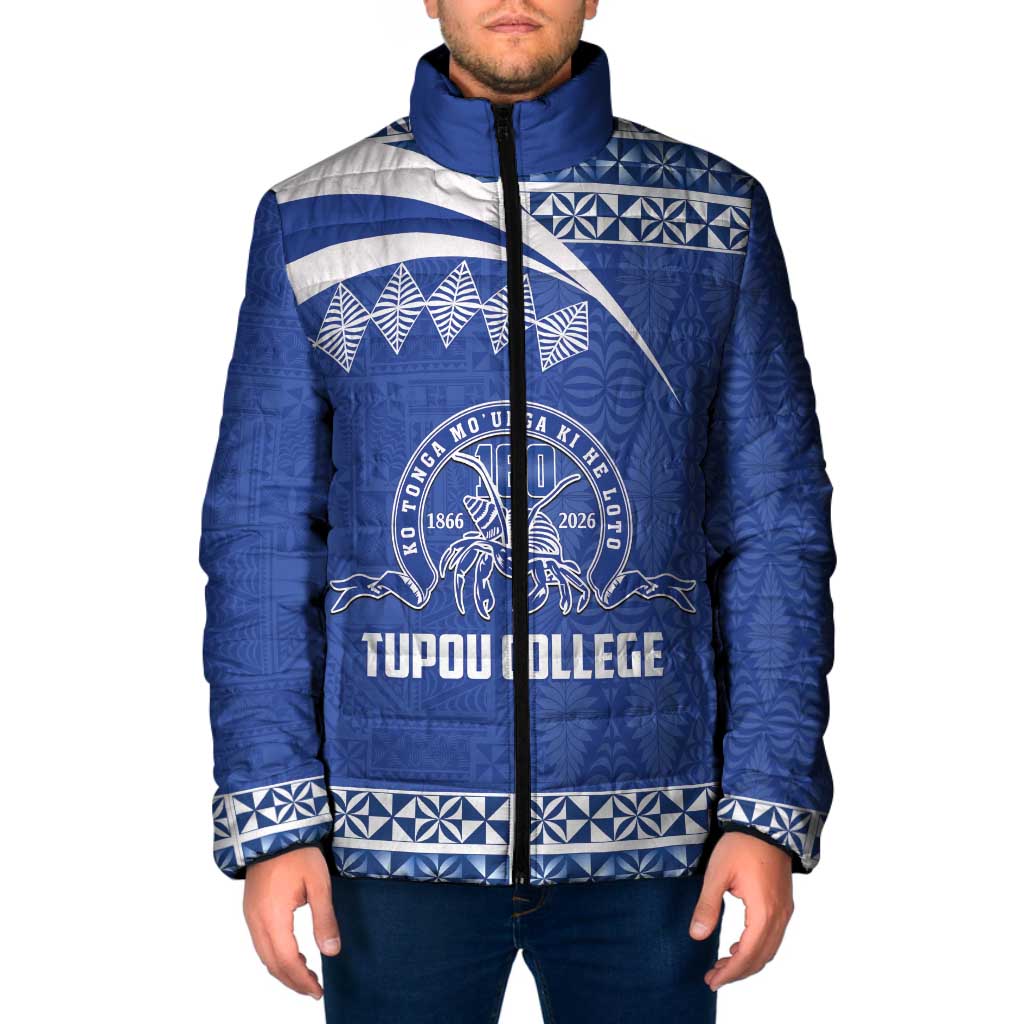 Personalised Tonga Tupou College Toloa Padded Jacket 160 Years Anniversary Tongan Ngatu Pattern LT14 Men Blue - Polynesian Pride
