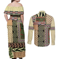 Beige Aotearoa Kowhaiwhai Pattern Couples Matching Off Shoulder Maxi Dress and Long Sleeve Button Shirt NZ Maori Quilt Style LT14 - Polynesian Pride