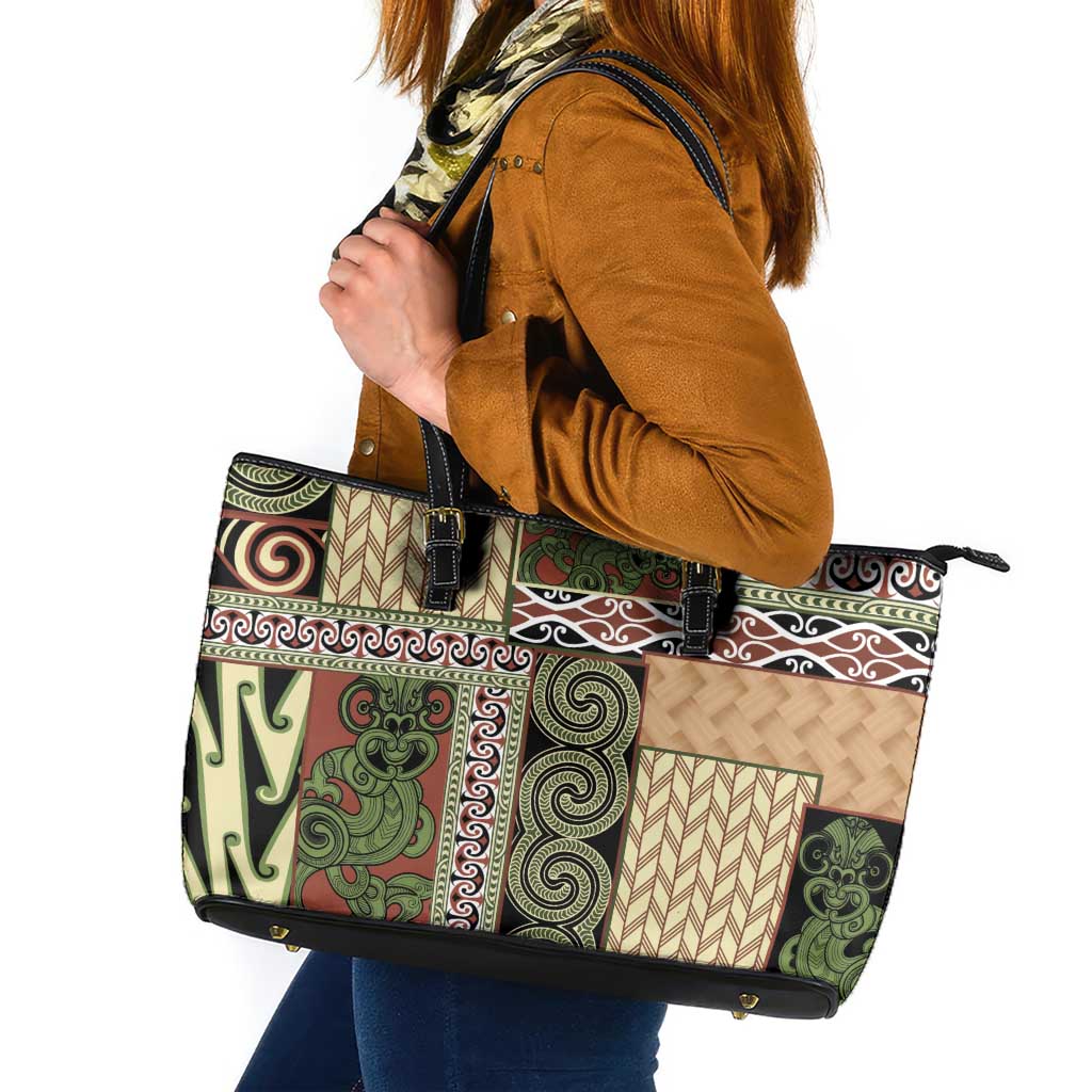 Beige Aotearoa Kowhaiwhai Pattern Leather Tote Bag NZ Maori Quilt Style LT14 Beige - Polynesian Pride