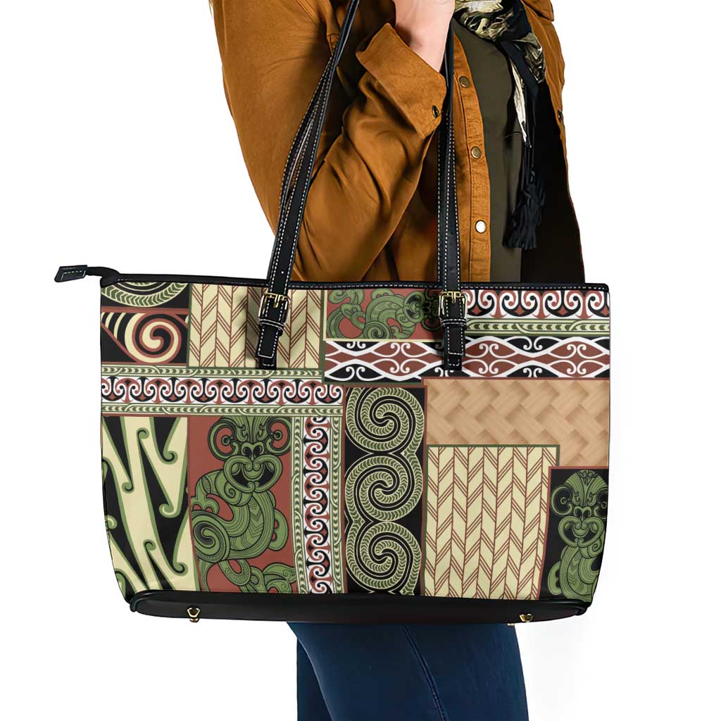 Beige Aotearoa Kowhaiwhai Pattern Leather Tote Bag NZ Maori Quilt Style LT14 - Polynesian Pride