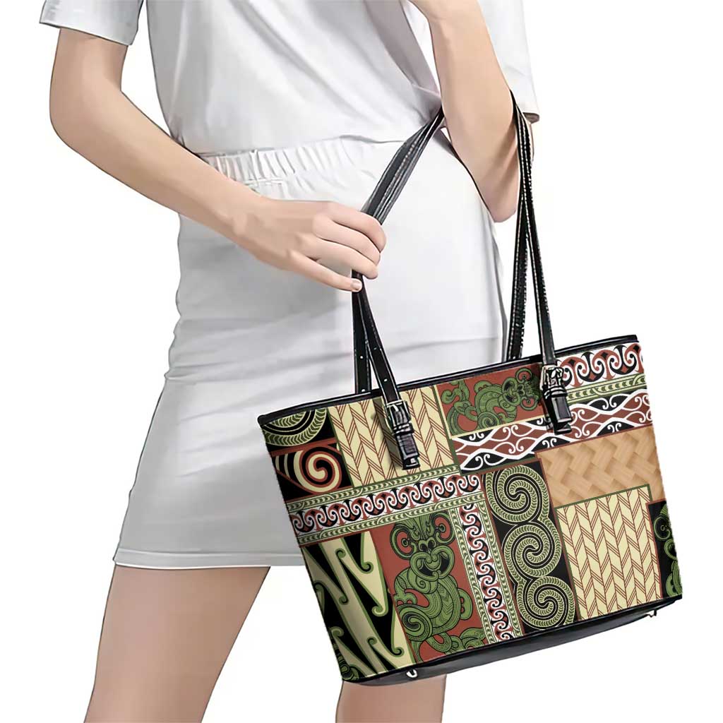 Beige Aotearoa Kowhaiwhai Pattern Leather Tote Bag NZ Maori Quilt Style LT14 - Polynesian Pride