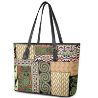 Beige Aotearoa Kowhaiwhai Pattern Leather Tote Bag NZ Maori Quilt Style LT14 - Polynesian Pride