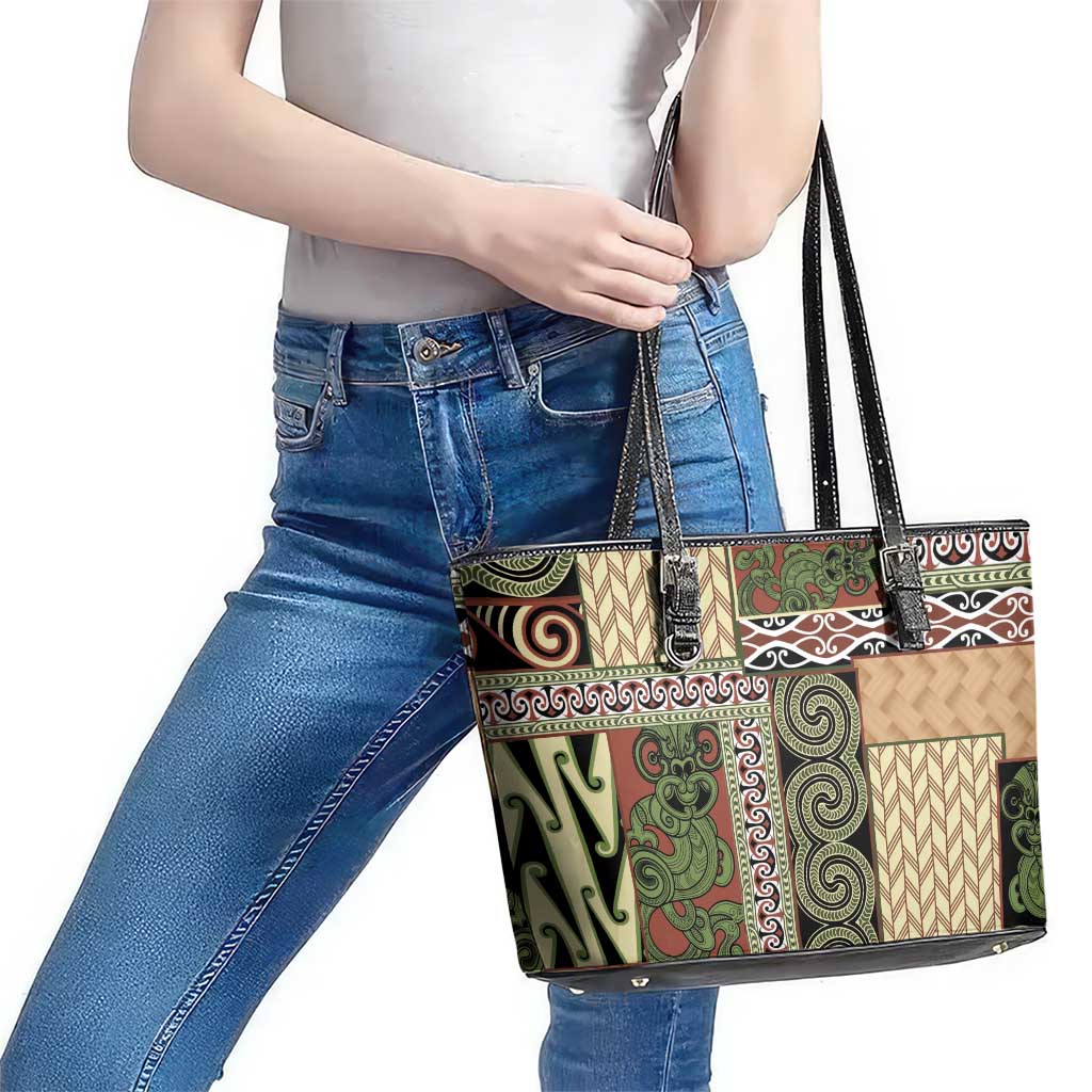 Beige Aotearoa Kowhaiwhai Pattern Leather Tote Bag NZ Maori Quilt Style LT14 - Polynesian Pride