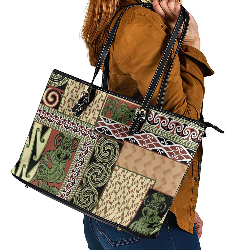 Beige Aotearoa Kowhaiwhai Pattern Leather Tote Bag NZ Maori Quilt Style LT14 - Polynesian Pride