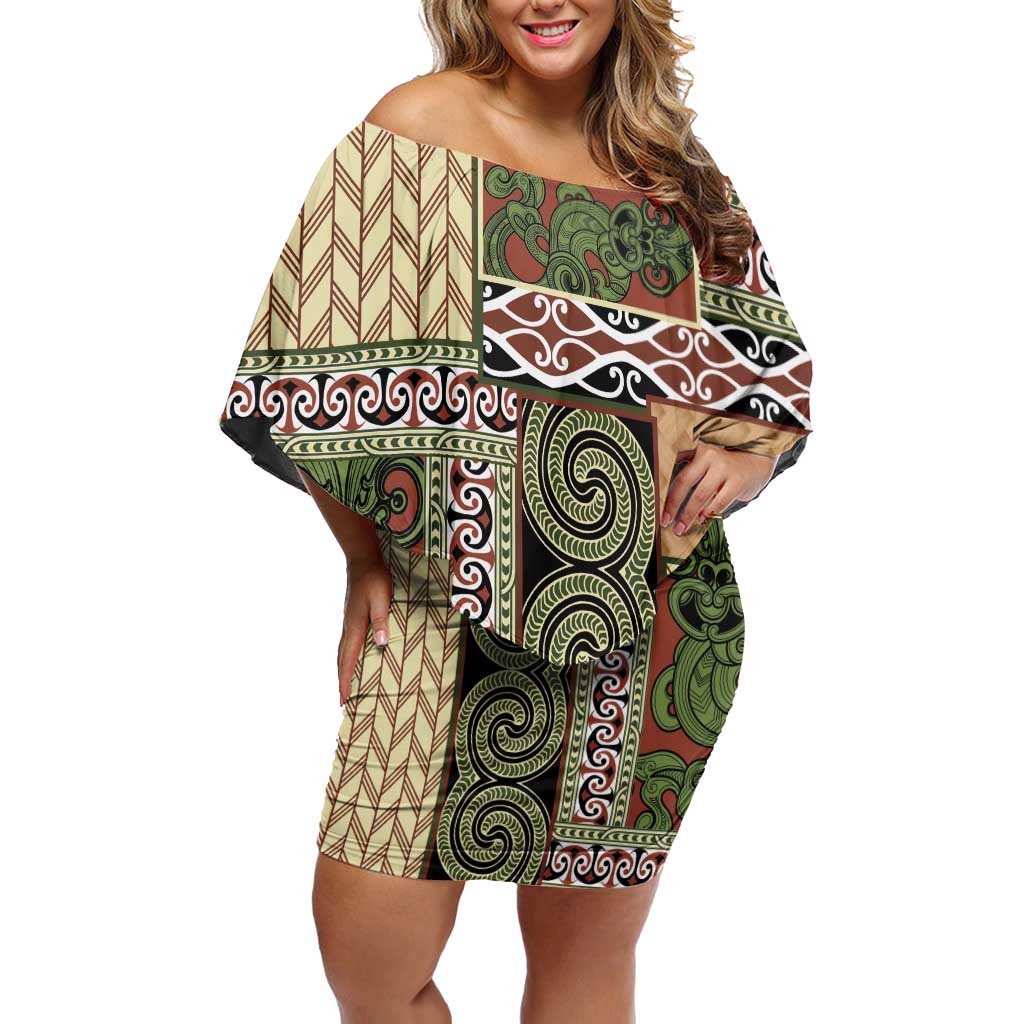 Beige Aotearoa Kowhaiwhai Pattern Off Shoulder Short Dress NZ Maori Quilt Style LT14 Women Beige - Polynesian Pride