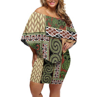 Beige Aotearoa Kowhaiwhai Pattern Off Shoulder Short Dress NZ Maori Quilt Style LT14 Women Beige - Polynesian Pride