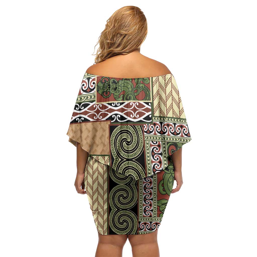 Beige Aotearoa Kowhaiwhai Pattern Off Shoulder Short Dress NZ Maori Quilt Style LT14 - Polynesian Pride