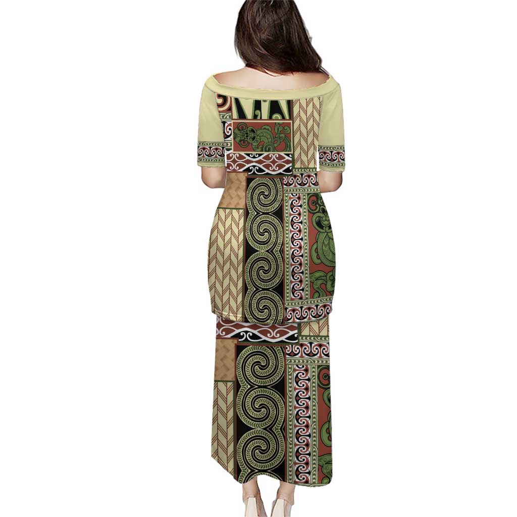 Beige Aotearoa Kowhaiwhai Pattern Puletasi NZ Maori Quilt Style LT14 - Polynesian Pride