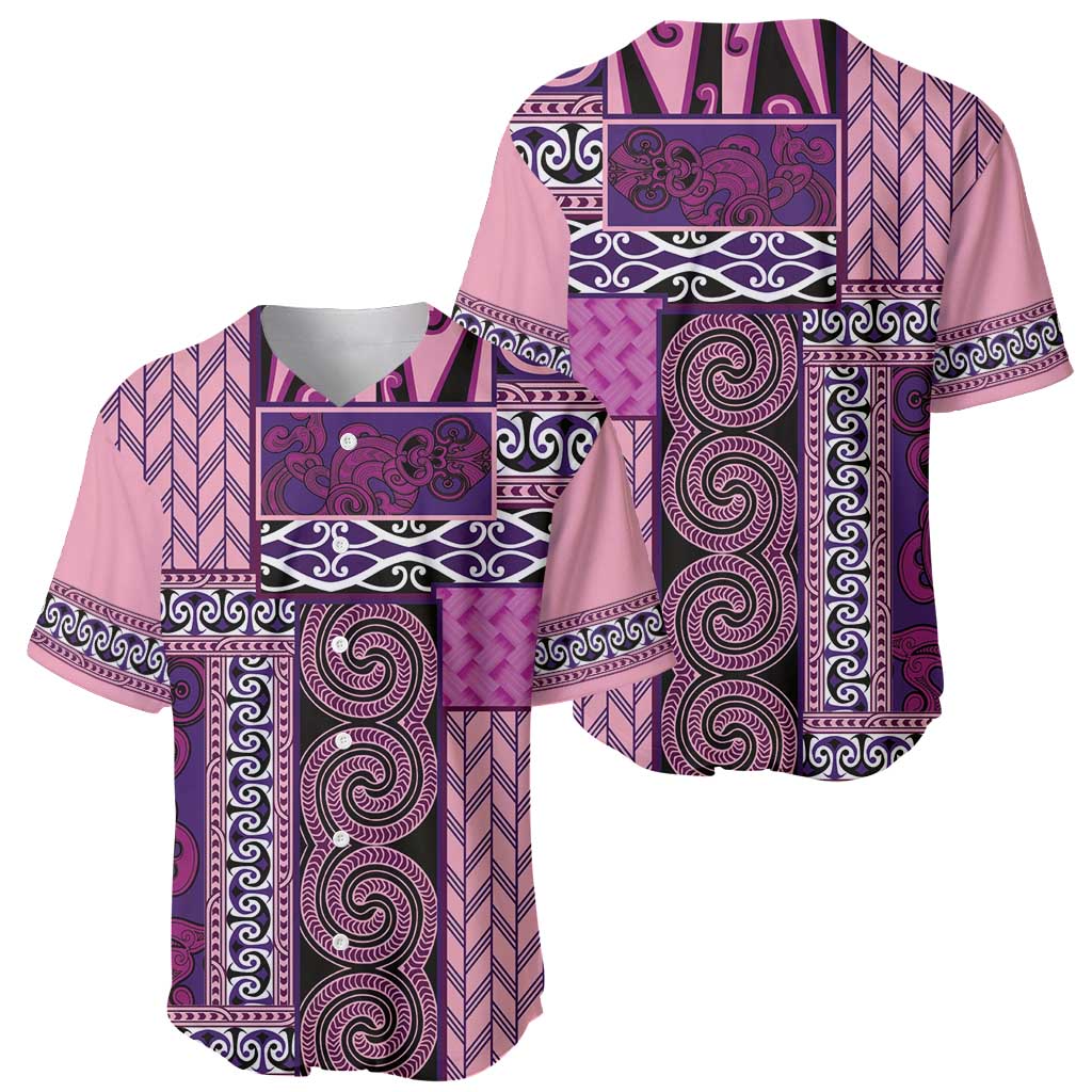 Pink Aotearoa Kowhaiwhai Pattern Baseball Jersey NZ Maori Quilt Style LT14 - Polynesian Pride