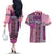 Pink Aotearoa Kowhaiwhai Pattern Couples Matching Off The Shoulder Long Sleeve Dress and Hawaiian Shirt NZ Maori Quilt Style