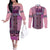 Pink Aotearoa Kowhaiwhai Pattern Couples Matching Off The Shoulder Long Sleeve Dress and Long Sleeve Button Shirt NZ Maori Quilt Style