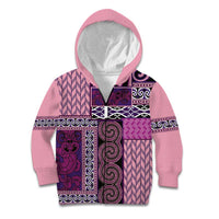 Pink Aotearoa Kowhaiwhai Pattern Kid Hoodie NZ Maori Quilt Style LT14 Zip Hoodie Pink - Polynesian Pride