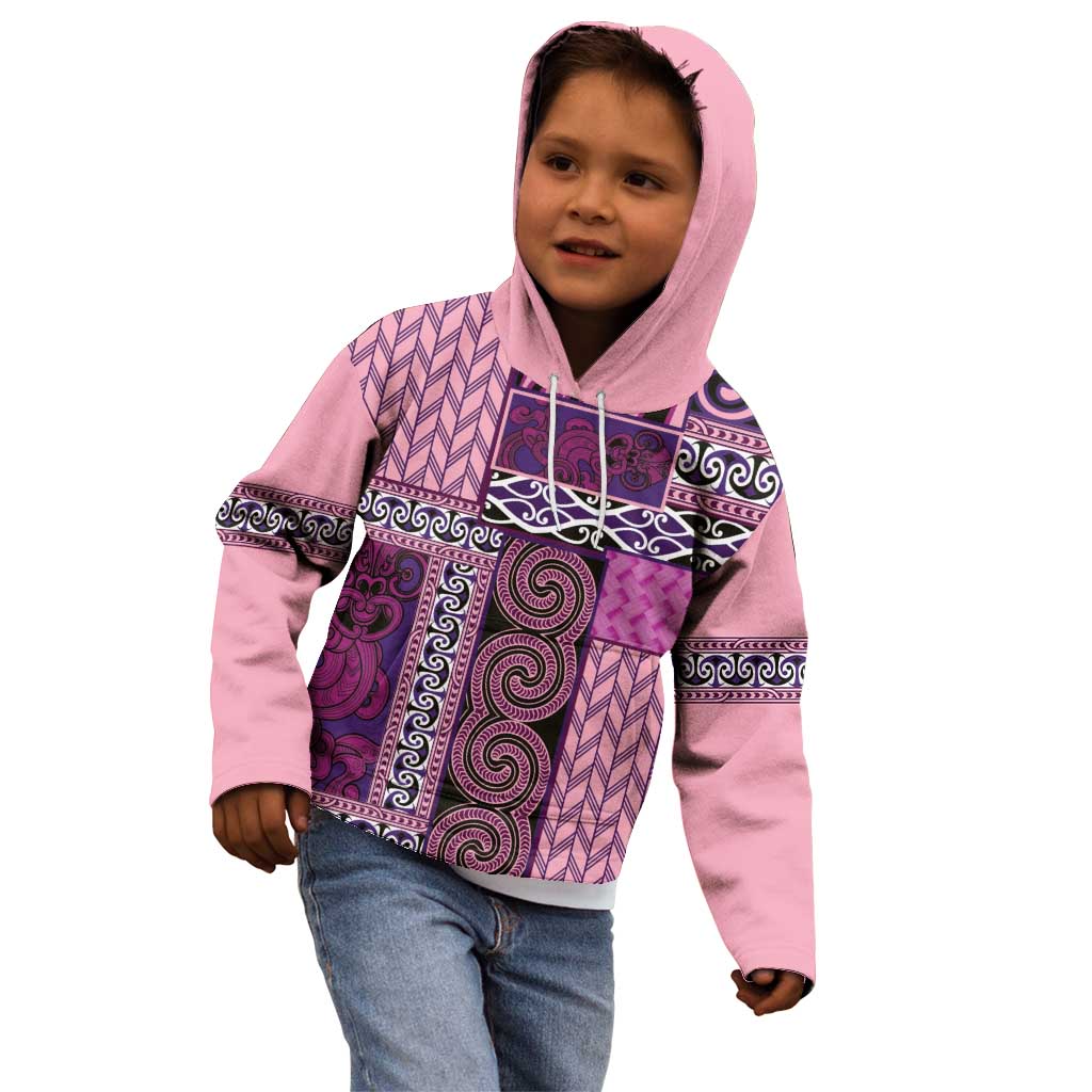 Pink Aotearoa Kowhaiwhai Pattern Kid Hoodie NZ Maori Quilt Style LT14 - Polynesian Pride