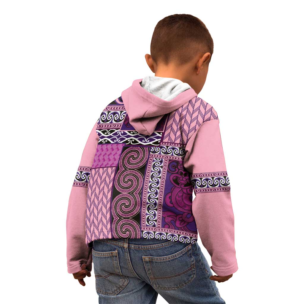 Pink Aotearoa Kowhaiwhai Pattern Kid Hoodie NZ Maori Quilt Style LT14 - Polynesian Pride