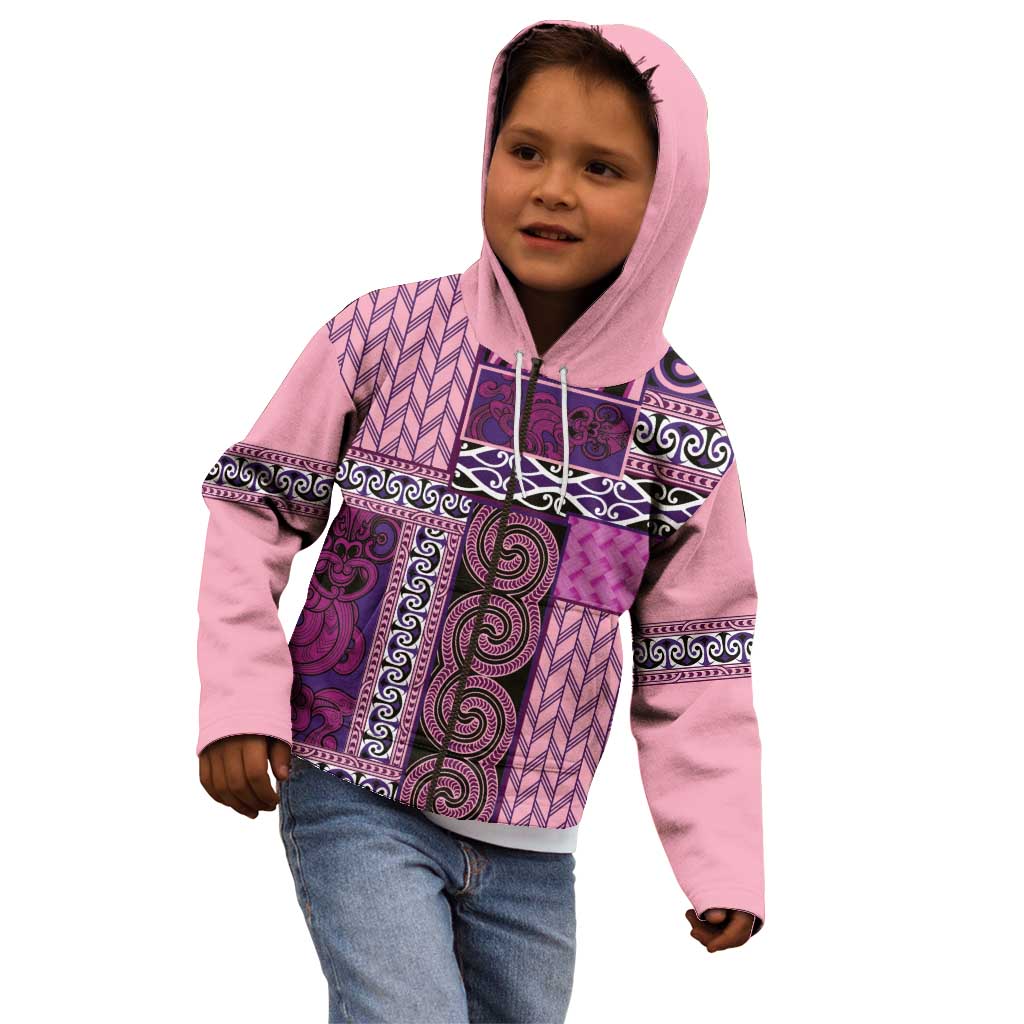 Pink Aotearoa Kowhaiwhai Pattern Kid Hoodie NZ Maori Quilt Style LT14 - Polynesian Pride
