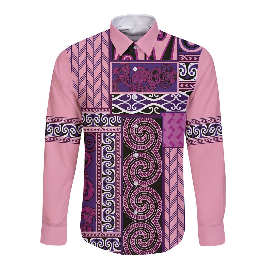 Pink Aotearoa Kowhaiwhai Pattern Long Sleeve Button Shirt NZ Maori Quilt Style LT14 Unisex Pink - Polynesian Pride