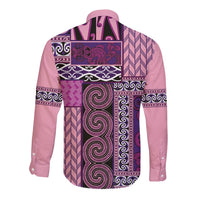 Pink Aotearoa Kowhaiwhai Pattern Long Sleeve Button Shirt NZ Maori Quilt Style LT14 - Polynesian Pride