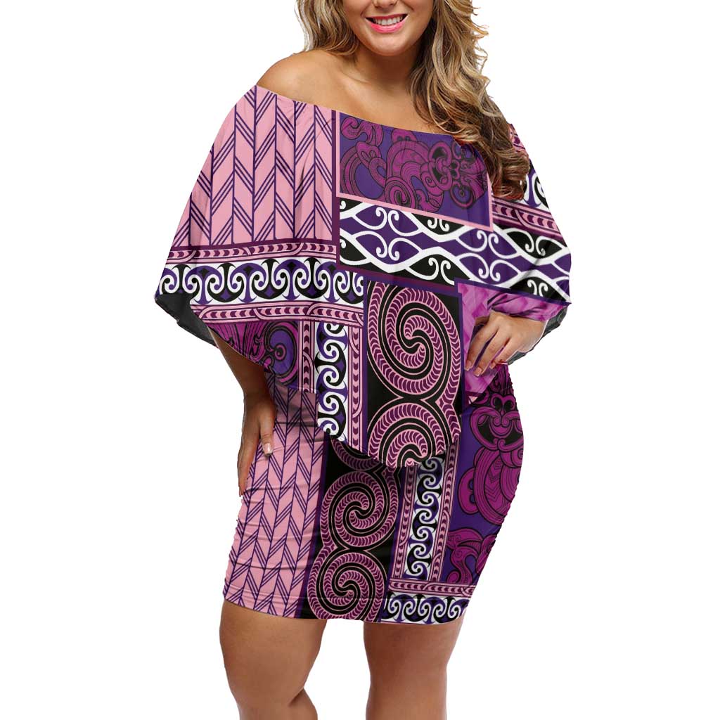 Pink Aotearoa Kowhaiwhai Pattern Off Shoulder Short Dress NZ Maori Quilt Style LT14 Women Pink - Polynesian Pride