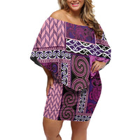 Pink Aotearoa Kowhaiwhai Pattern Off Shoulder Short Dress NZ Maori Quilt Style LT14 Women Pink - Polynesian Pride