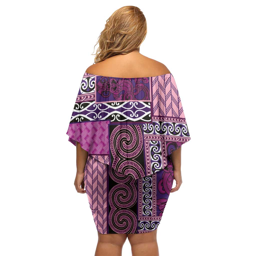 Pink Aotearoa Kowhaiwhai Pattern Off Shoulder Short Dress NZ Maori Quilt Style LT14 - Polynesian Pride
