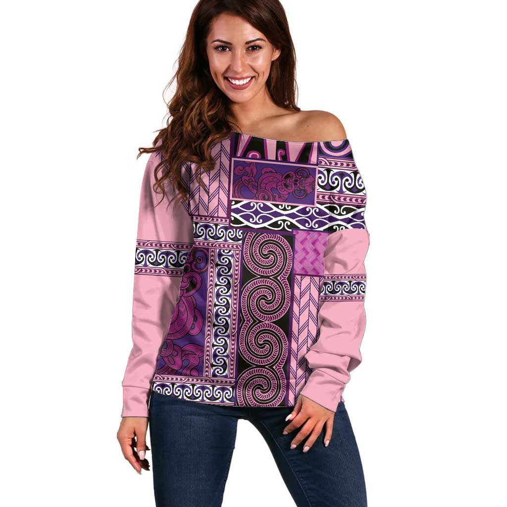 Pink Aotearoa Kowhaiwhai Pattern Off Shoulder Sweater NZ Maori Quilt Style LT14 Women Pink - Polynesian Pride