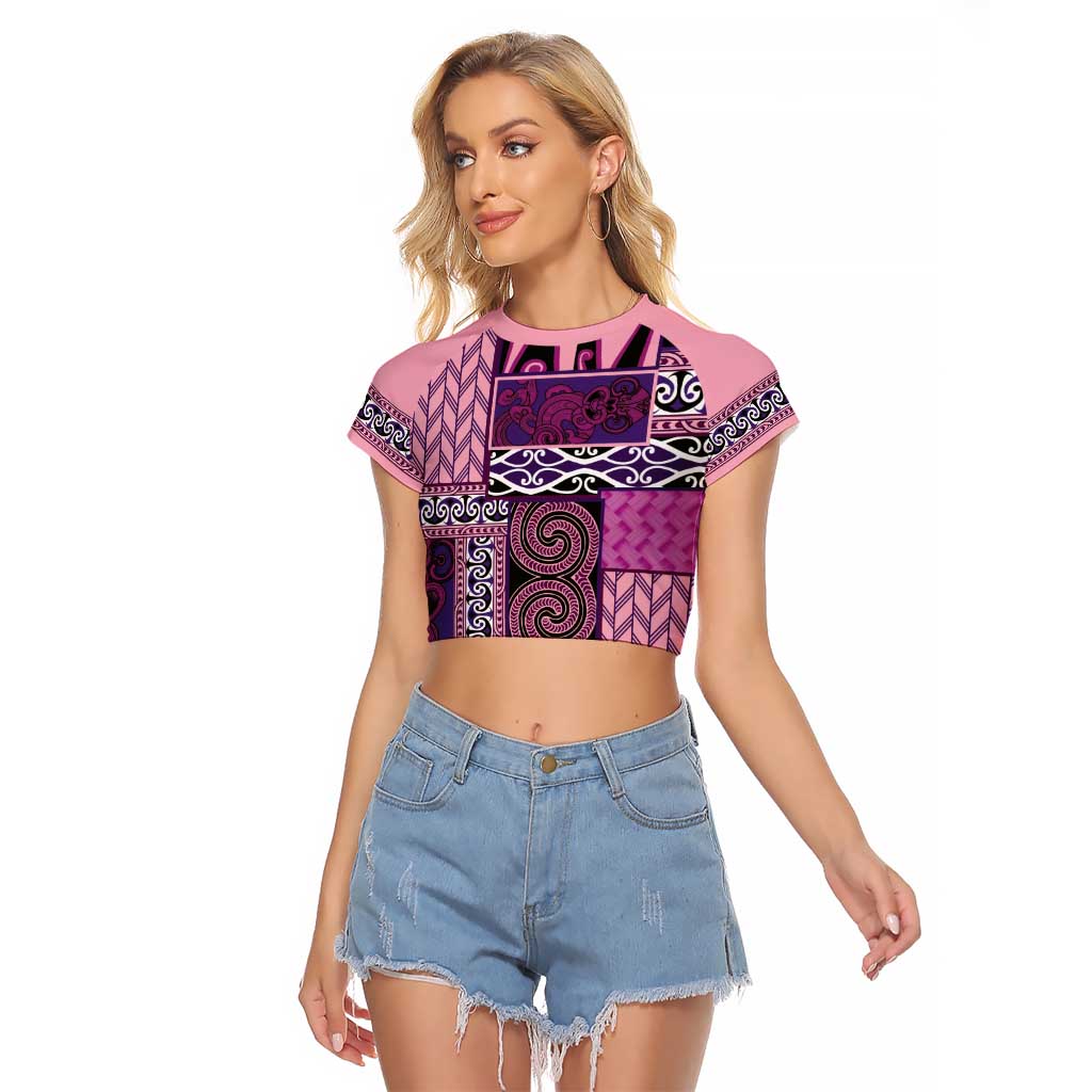 Pink Aotearoa Kowhaiwhai Pattern Raglan Cropped T Shirt NZ Maori Quilt Style LT14 Female Pink - Polynesian Pride
