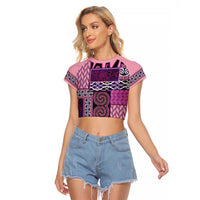 Pink Aotearoa Kowhaiwhai Pattern Raglan Cropped T Shirt NZ Maori Quilt Style LT14 Female Pink - Polynesian Pride