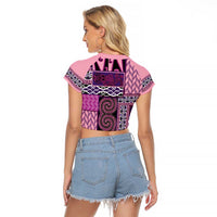 Pink Aotearoa Kowhaiwhai Pattern Raglan Cropped T Shirt NZ Maori Quilt Style LT14 - Polynesian Pride