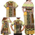 Yellow Aotearoa Kowhaiwhai Pattern Family Matching Off Shoulder Maxi Dress and Hawaiian Shirt NZ Maori Quilt Style