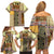 Yellow Aotearoa Kowhaiwhai Pattern Family Matching Off Shoulder Short Dress and Hawaiian Shirt NZ Maori Quilt Style