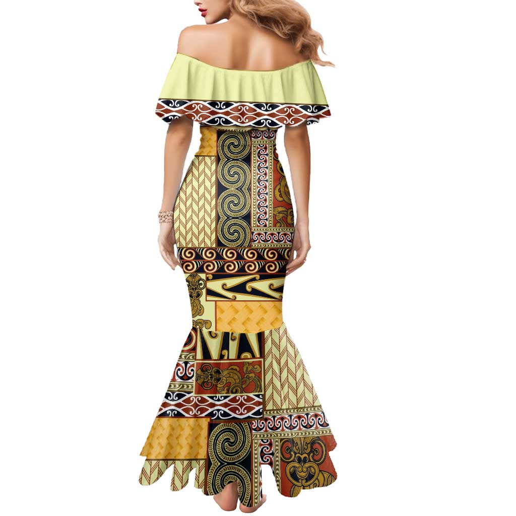 Yellow Aotearoa Kowhaiwhai Pattern Mermaid Dress NZ Maori Quilt Style LT14 - Polynesian Pride