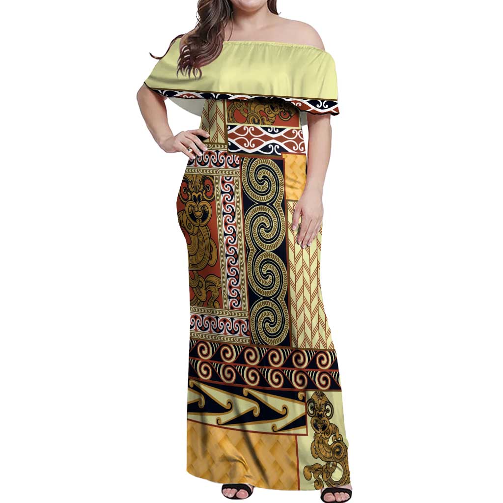 Yellow Aotearoa Kowhaiwhai Pattern Off Shoulder Maxi Dress NZ Maori Quilt Style LT14 Women Yellow - Polynesian Pride