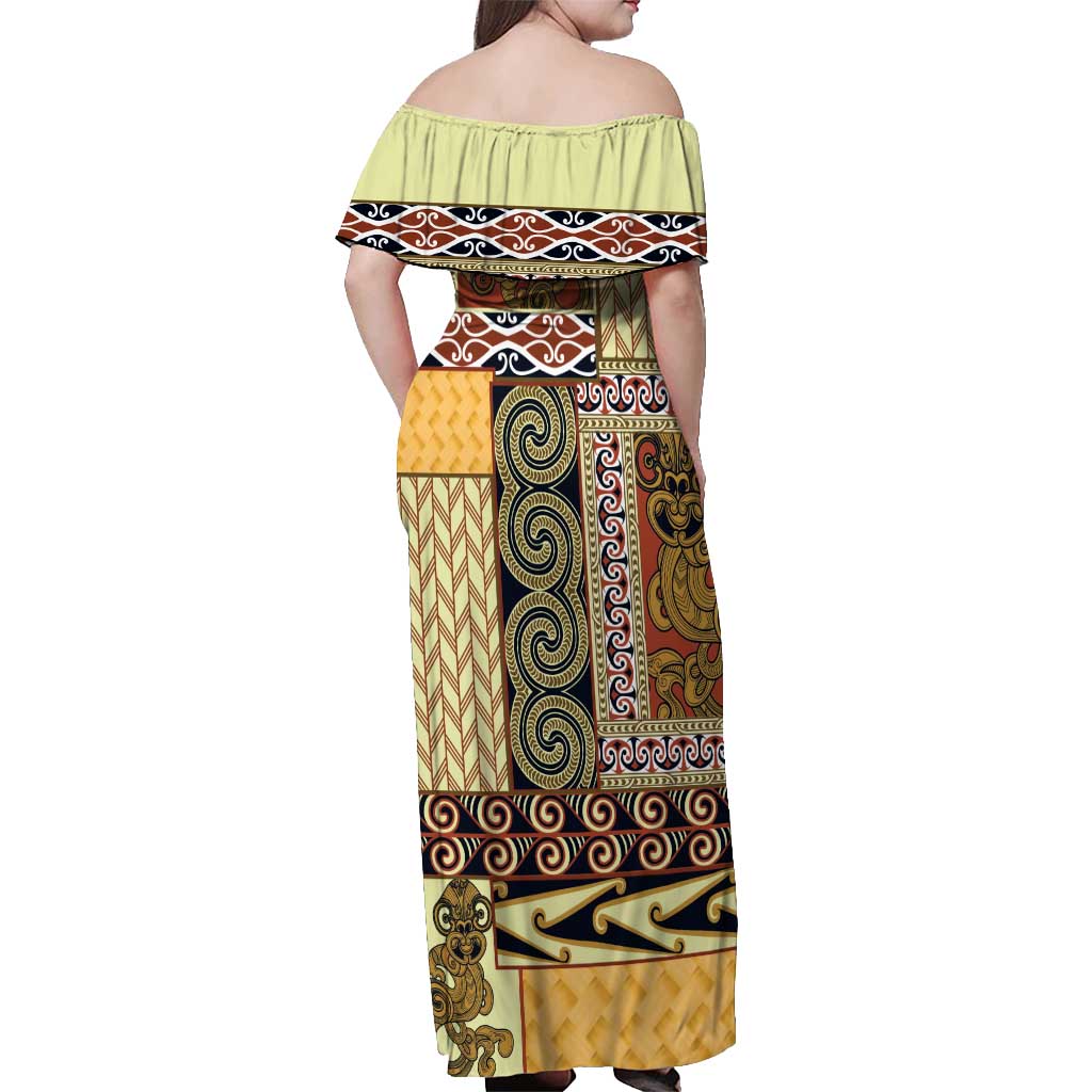 Yellow Aotearoa Kowhaiwhai Pattern Off Shoulder Maxi Dress NZ Maori Quilt Style LT14 - Polynesian Pride