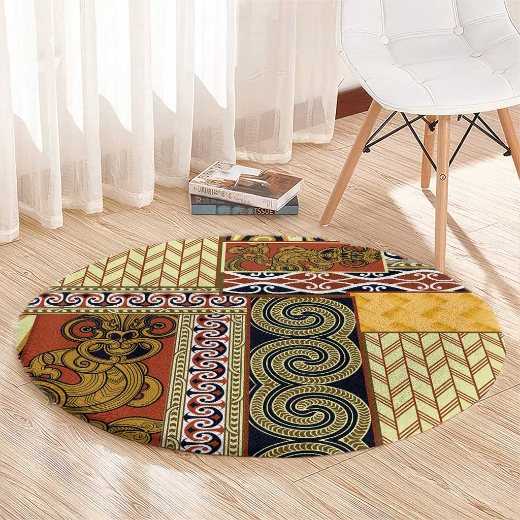 Yellow Aotearoa Kowhaiwhai Pattern Round Carpet NZ Maori Quilt Style LT14 - Polynesian Pride