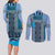 Blue Aotearoa Kowhaiwhai Pattern Couples Matching Long Sleeve Bodycon Dress and Long Sleeve Button Shirt NZ Maori Quilt Style