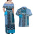 Blue Aotearoa Kowhaiwhai Pattern Couples Matching Off Shoulder Maxi Dress and Hawaiian Shirt NZ Maori Quilt Style