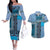 Blue Aotearoa Kowhaiwhai Pattern Couples Matching Off The Shoulder Long Sleeve Dress and Hawaiian Shirt NZ Maori Quilt Style