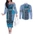 Blue Aotearoa Kowhaiwhai Pattern Couples Matching Off The Shoulder Long Sleeve Dress and Long Sleeve Button Shirt NZ Maori Quilt Style